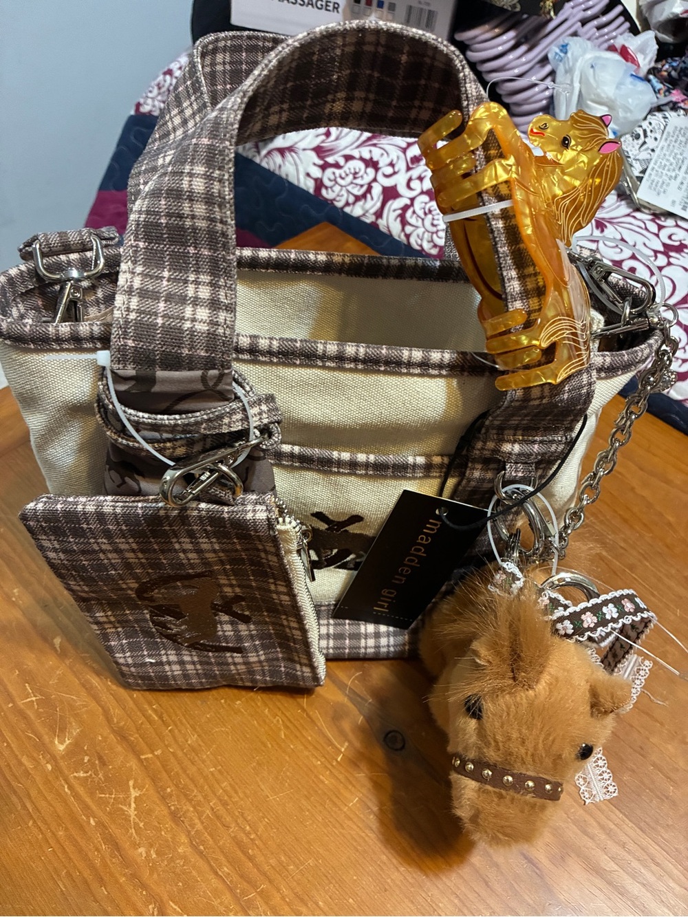 Madden Girl Brown Plaid & Cream Mini Tote with Horse Keychain